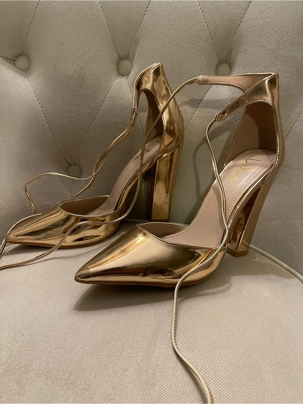 Lulus Rose Gold Patent Leather Pointed-Toe Ankle Strap Pumps, Size 9